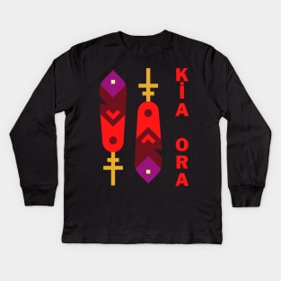 Red Kia Ora and Silver fern Design Kids Long Sleeve T-Shirt